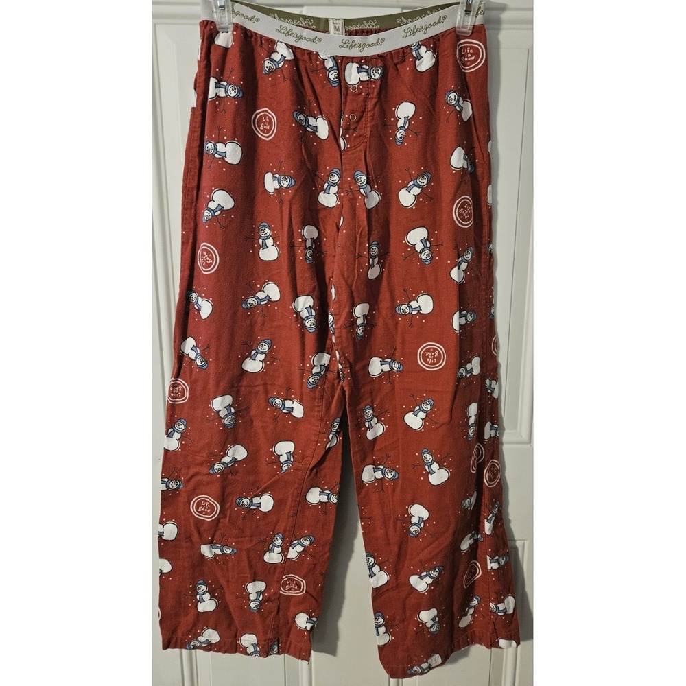Life Is Good Snowman Pajama Lounge Pants‎ Men's Medium Red 100% Cotton Christmas